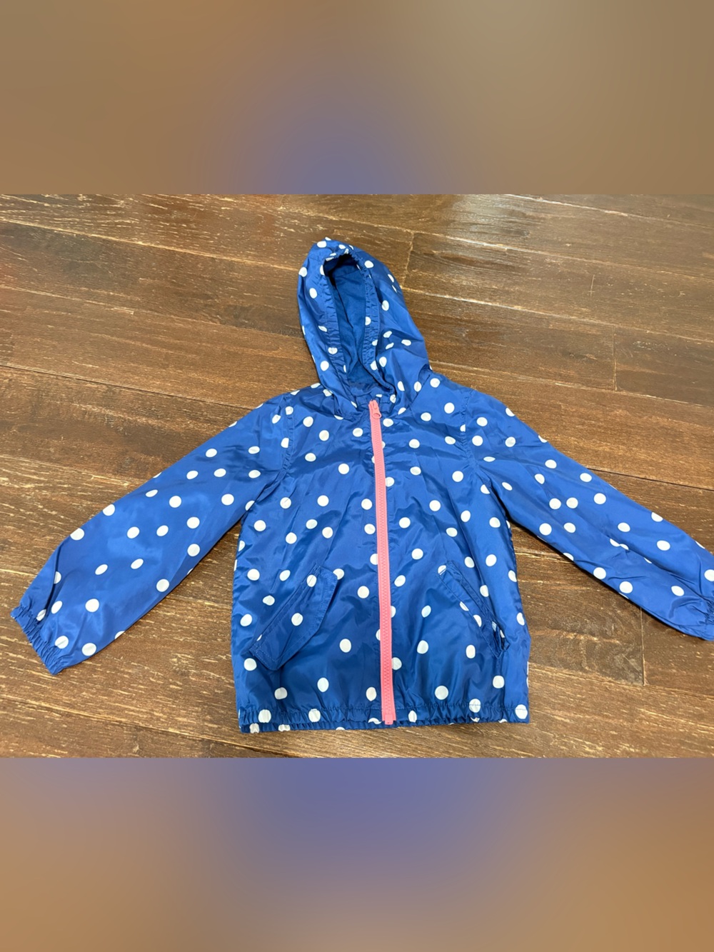 Blue Polka Dot Hooded Rain Jacket with Pink Zipper